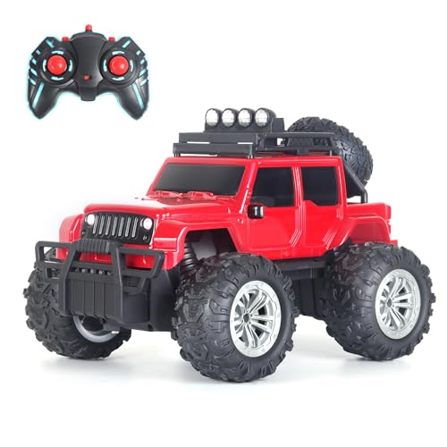 Popsugar of roadway rechargeable remote control car. Rc car monster truck. 4 headlight mode. Lithium battery. C- type charging. Remote control car for kids. Built in India, red
