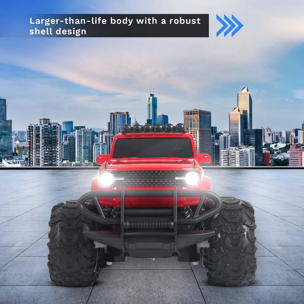 Popsugar of roadway rechargeable remote control car. Rc car monster truck. 4 headlight mode. Lithium battery. C- type charging. Remote control car for kids. Built in India, red
