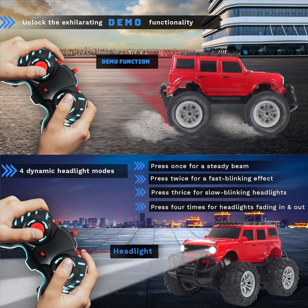 Popsugar of roadway rechargeable remote control car. Rc car monster truck. 4 headlight mode. Lithium battery. C- type charging. Remote control car for kids. Built in India, red