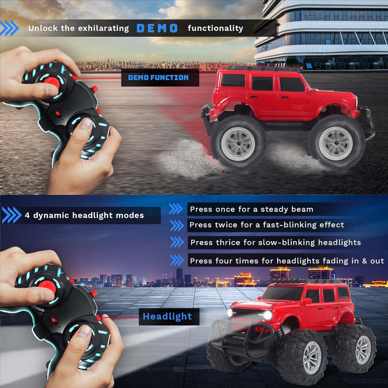 Popsugar of roadway rechargeable remote control car. Rc car monster truck. 4 headlight mode. Lithium battery. C- type charging. Remote control car for kids. Built in India, red