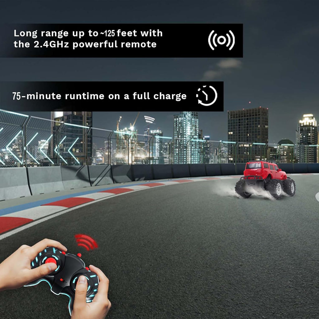 Popsugar of roadway rechargeable remote control car. Rc car monster truck. 4 headlight mode. Lithium battery. C- type charging. Remote control car for kids. Built in India, red