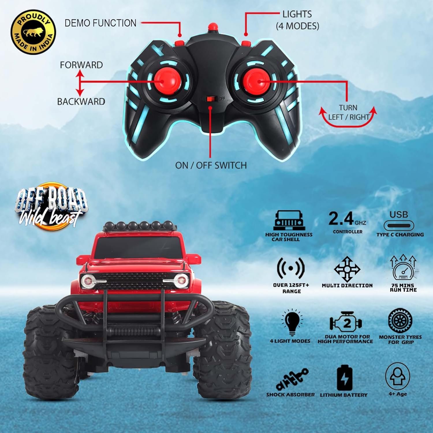 Popsugar of roadway rechargeable remote control car. Rc car monster truck. 4 headlight mode. Lithium battery. C- type charging. Remote control car for kids. Built in India, red