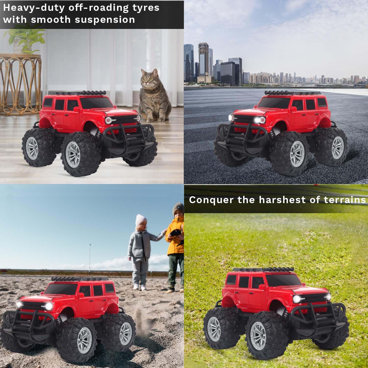 Popsugar of roadway rechargeable remote control car. Rc car monster truck. 4 headlight mode. Lithium battery. C- type charging. Remote control car for kids. Built in India, red